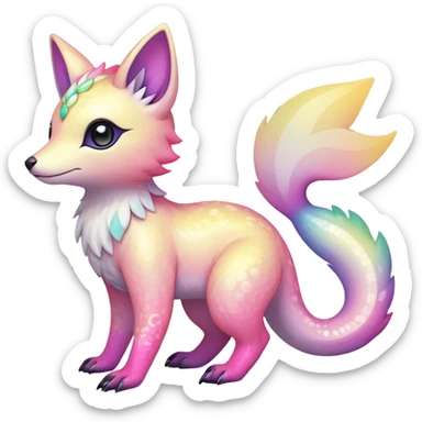 Rare realistic exotic pastel whitish pinkish yellowish gradients shiny sparkly divine celestial spiritual iridescent cute epic pretty beautiful handsome gorgeous aesthetic colorful vibrant Vernid-Trico-species-Fakemon-creature by LiLaiRa, 4 legs, 1 tail, random markings, (full body) sticker