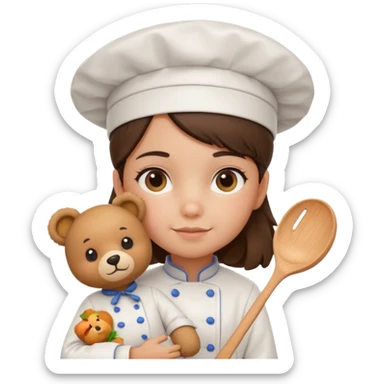 girl kid italian chef, uniform, holding plush bear sticker
