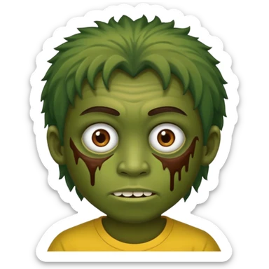 quero um emoji de um menino com pele de zumbi cabelo castanho claro e de franja, olhos menores boca fechada pele verde faça os machucados na cara inteira  sticker