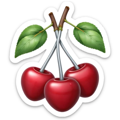 A pair of cherries emoji made of polished silver chrome, smooth rounded shapes, glossy metallic finish, soft highlights and reflections, cute proportions, iOS emoji style, centered, clean white background, no text sticker