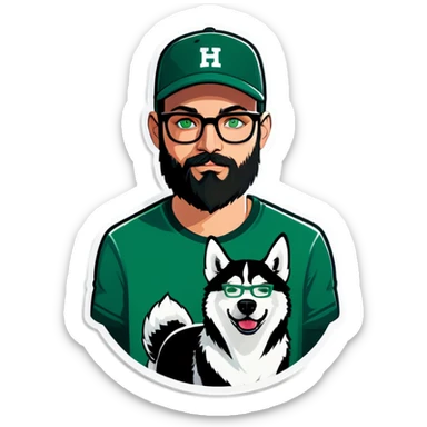 A bold man with a grey baseball cap, green eyes, big beard and glasses holding a husky dog sticker