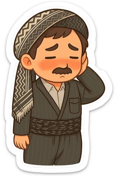 Cartoon sticker of a Kurdish man in the same clothes and scarf as the reference image, no changes to clothes or scarf. Face showing shy and embarrassed expression with red cheeks, looking down or to the side, hand behind head or hand on cheek. Colorful and cheerful style, no shadows or color halos around the image, no text, suitable for WhatsApp and Instagram, fully transparent background. sticker