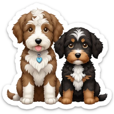 2 dogs: one light brown Aussiedoodle, one all-black Bernedoodle with white eyebrows some white markings, no brown coloring. Both same size. sticker