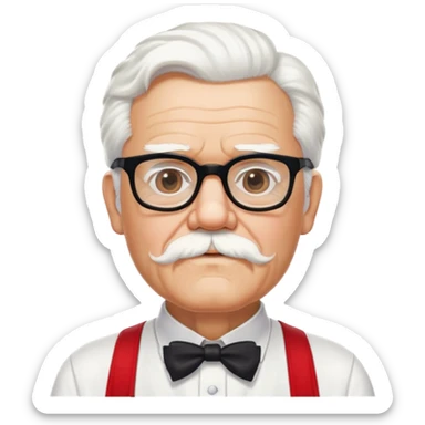 Colonel Sanders KFC, old man with white hair and white goatee, wearing black square glasses, white T-shirt and red apron sticker