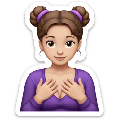 The image is a photograph of a young woman with large breasts, posing for the camera. The image is likely intended to be explicit or provocative, given the woman's partial nudity and the focus on her breasts. * **Woman** + Age: Young adult + Facial expression: Slightly smirking + Hair: Brown, styled in two buns + Skin tone: Light * **Breasts** + Size: Very large + Shape: Rounded + Position: The woman is holding her hands to cover her nipples, which are labeled "A" and "L" respectively. * **Background** + Color: Dark purple + Texture: Slightly rough * **Overall Impression** + The image has a sensual and provocative tone, with the focus on the woman's breasts and body. In summary, the image is a close-up photograph of a young woman with large breasts, posing for the camera with her hands covering part of her nipples. The background is a dark purple color, and the overall impression is one of sensuality and provocation. sticker