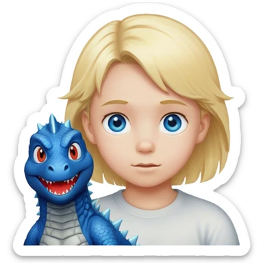 Kid with blue eyes blonde hair that loves Godzilla sticker
