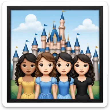 Quiero que crees una imagen donde este el castillo de Disney y por detrás o delante pon a quatro chicas: una con el pelo largo rizado marrón , otra con el pelo corto negro, otra con el pelo mediano liso marrón y otra con el pelo negro largo liso sticker