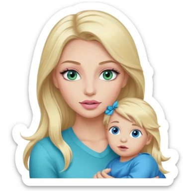 Blonde baddie with long hair Pretty makeup long lashes blue-green eyes ,   light pink lips ,holding 1 little son with blue eyes sticker