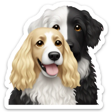 white woman with long blonde hair alongside a black and white colored bernadoodle dog  sticker