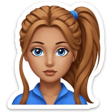 Attractive Woman with tan skin, baddie style, blue eyes, wide face, freckles, and a long voluminous ponytail and dark eye makeup sticker