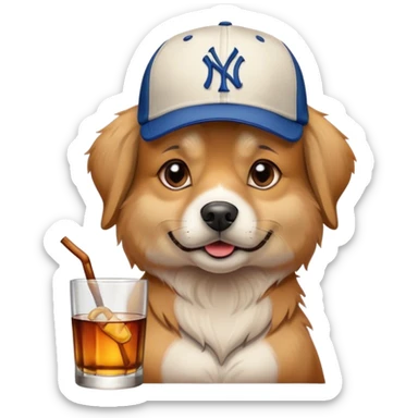 A dog properly sitting with a baseball hat drinking whiskey  sticker