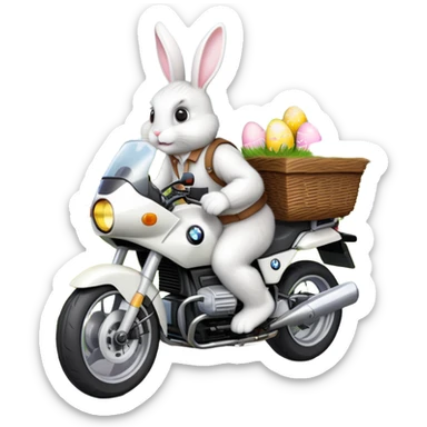 Easter bunny riding a BMW boxer motorcycle with trees and grass in the background, colorful Easter eggs hidden in the grass, and more bunnies watching from the side of the road sticker