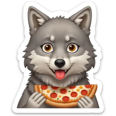 a sitting surprised grey wolf eating a piece of pizza emoji sticker