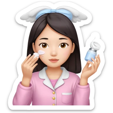 angelic asian girl doing skin care in pink pajamas, applying cream to her face sticker