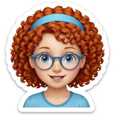 redhead kid with unique face features and very curly hair kid girl happy and big glasess and big nose and very blue eyes and headband with freckles sticker