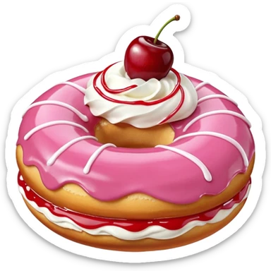 Round donut with smooth shade pink icing and thin white drizzle lines, golden-brown dough visible on the sides.
White whipped cream dollop in the center topped with a glossy red cherry and stem, clean studio lighting, pure white background, realistic minimal emoji-style. sticker