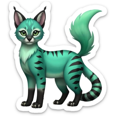 Colorful seafoam-green, black-pointed, tropical tribal glorious iridescent divine exotic cute cool beautiful beautiful fantasy-caracal-civet-genet-sergal-vernid-Gryphon-Cacomistle-Trico-oncilla-animal-Fakémon-hybrid-fursona (full body) sticker
