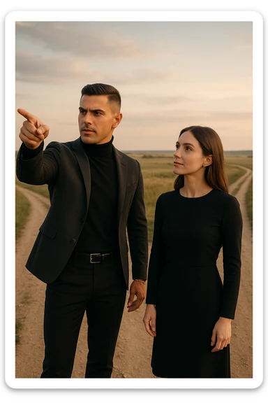 Editorial photo of a confident man standing at a crossroads, pointing decisively toward a clear path ahead. Beside him, a woman looks at him with trust and readiness to follow. Both are well-dressed, the setting is an open landscape with soft, natural light. The mood is one of leadership, guidance, and partnership. sticker