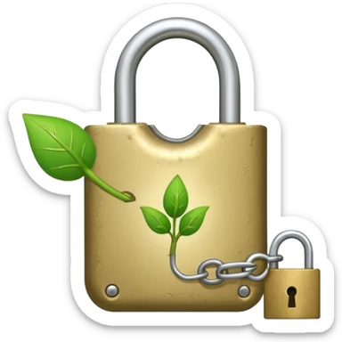 A seed germinating with a sprout sticking out of it in the shape of a pad lock with the seed being the body of the padlock and the sprout being the shackle of the padlock. sticker