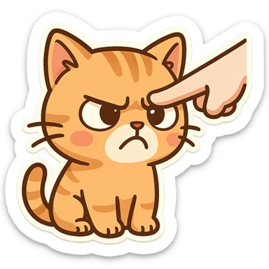 A finger points at the cat's head, and the cat's expression is angry and dissatisfied sticker