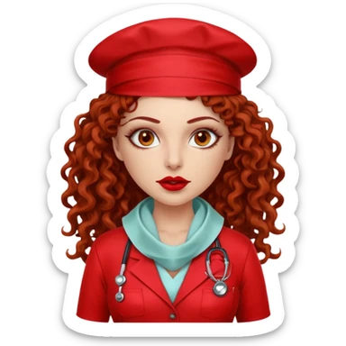 Sensual Spanish Lilith core evil surgeon.red outfit.  Surgeon has hazel eyes. Her hair is BROWN. Hair is also  long and  curly. wearing a sexy surgeon outfit with platform  heels.she is a calculated smart killer. She covers only her mouth and nose with silk scarf to hide identity  sticker