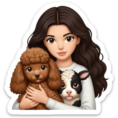 Kendall Jenner with long dark hair holding a brown poodle and a cow cat in her arms sticker