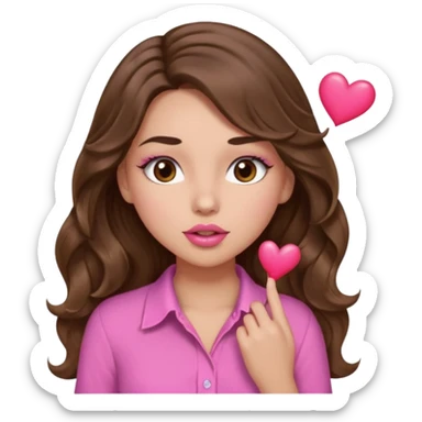 girl with long wavy brown hair, brown eyes, light to medium complexion, in a pink shirt, pink lips, long lashes, sexy , puckering, blushing, kissing a heart sexy sticker