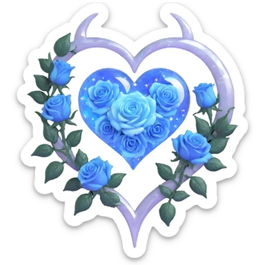 gothic heart made of moonstone glass, silver crescent moon, pale blue roses, holographic stardust, neon white lightning, drenched and splintered glass sticker