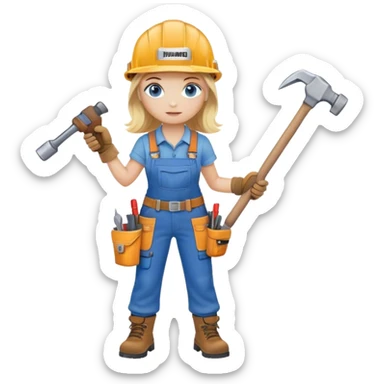 A blond girl blue eyes, habdyman Outfit, wearing a Helmet and a Hammer, Whole body, from Head to toe  sticker