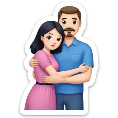 Tall strong white man with brown mustache goatee wearing blue hugging a chubby short pale woman with long black hair wearing pink sticker