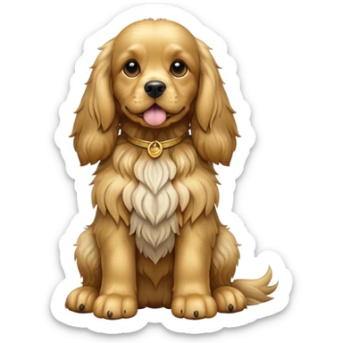 cinematic-[cocker spaniel dog]-realistic-full-body-sitting-emoji,-tail-resting-loosely-beside-its-paws,-head-tilted-dramatically,-scruffy-[solid gold]-fur,-simplified-yet-realistic-focused-features,-highly-detailed,-glowing-with-an-almost-sarcastic-glow sticker