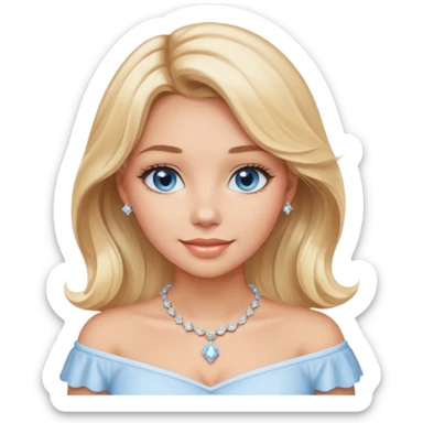 girl with mid-length soft wavy blond hair, blue eyes, light tan skin, gentle smile with light peach glossy lips, wearing a white Bardot collar top and a diamond necklace sticker