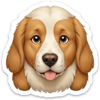 This is a big, dog with a white and brown face thats fur texture is like a golden retriever who got way too close to the camera, white face and brown ears with black around his eyes  sticker