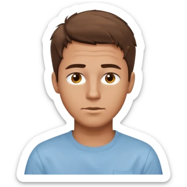 create an emoji of a young man, oval face. he has an American look, very messy brown hair, brown eyes, very slightly tanned skin, natural lips. he wears a short sleeve light blue shirt sticker