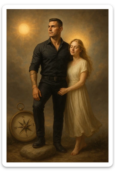 Uomo tra i 35 e i 45 anni in piedi accanto alla sua compagna, in uno spazio calmo e simbolico. Lui guarda avanti con sguardo deciso, postura ferma, braccia rilassate ma solide, mentre la donna al suo fianco si sente protetta e leggera, con un’espressione serena. Intorno all’uomo, simboli di direzione e stabilità (bussola, luce calda, pietra solida sotto i piedi). La donna ha una luce morbida attorno, come se fosse alleggerita dalla presenza maschile. Ambientazione naturale o metaforica. Stile realistico, con tocchi simbolici. Tono calmo, profondo, ispirazionale sticker