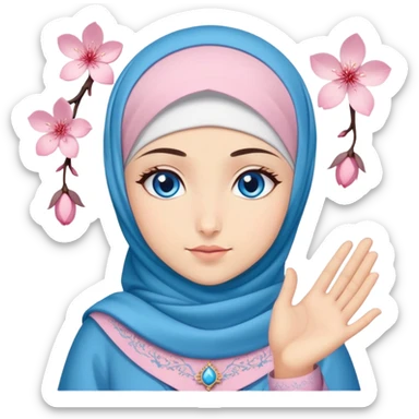 Turkish beautiful finish Konya girl blue eyes with hijab islamic dress and had on her hand sakura sticker