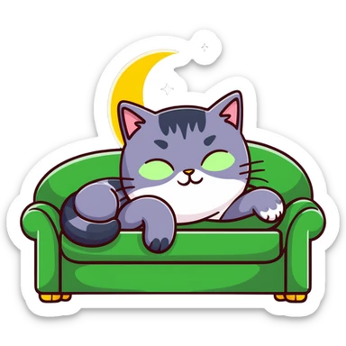 tricolor fluffy cat with big green eyes sleeping on a sofa with a moon above her sticker