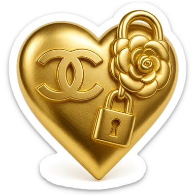 Chanel heart in metallic gold style with a camellia flower and a lock, symbolizing luxury and security sticker