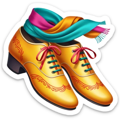 Humanless Icon for Folk Dance: traditional folk dance shoes, a colorful scarf, and a vibrant dance floor. The icon should capture the energy and cultural richness of folk dancing, with emphasis on movement, rhythm, and traditional attire. Transparent background. sticker