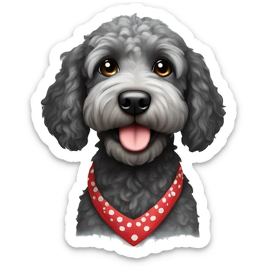 mini black and grey spotted labradoodle dog with red bandana around neck sticker