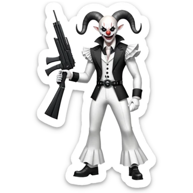 full-body muscular demonic clown in a black and white leisure suit with bellbottom pants, bald, with black ram horns, flashy black and white belt, ruffled white shirt, no neck tie, large fangs, holding a very large futuristic rifle sticker