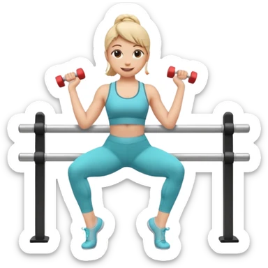 A cute 3D emoji of a fitness woman doing a plié squat at a ballet barre, holding a small dumbbell. She is sweating but smiling. Wearing leggings and a tank top. Soft pastel background, Apple emoji style. sticker