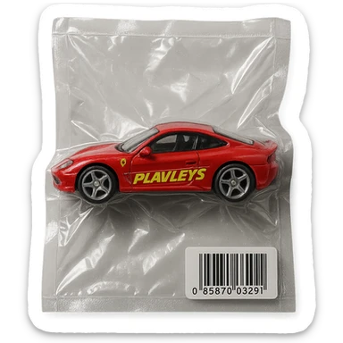 red Ferrari in Hot Wheels packaging, 'PLAVLEYS' written on the side in dynamic racing font, glossy, vacuum-sealed style sticker