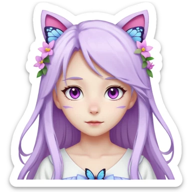 female anime character with pink eyes long white hair and periwinkle highlights and cat ears on her head. She is wearing a white dress with purple flowers and butterfly. sticker