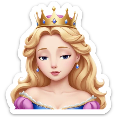 Cinematic Realistic Sleeping Beauty (Aurora) Portrait, with porcelain-like skin featuring a natural rosy flush, illuminated by soft lighting that highlights the gentle contours of her face. Her golden blonde hair flows in soft, detailed waves with subtle highlights that shimmer in the light. Her deep violet-blue eyes radiate warmth and innocence, framed by arched brows and long lashes. Her serene expression exudes quiet elegance. She is dressed in her classic pink gown, the fabric rich in texture with delicate folds that catch the light. A golden crown rests atop her head, gleaming with royal refinement. The portrait captures a soft, glowing aura, blending realism with an ethereal sense of beauty and timeless enchantment. sticker
