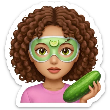 lightskin girl having a spa day with green skincare facemask and cucumbers on her eyes and brown curly hair and a pink shirt  sticker