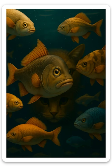 Edit the image to have only one cat hidden behind the fishes, making the scene look more natural and realistic. Keep the fishes and the hidden cat, but remove any extra cats and blend everything smoothly. sticker