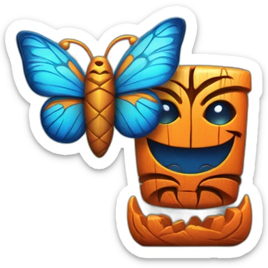 Cartoon Blue and orange smiling tiki with butterfly  sticker
