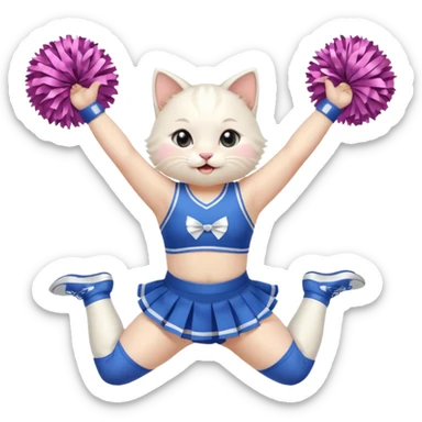 A chubby white kitten cheerleader in pastel uniform jumping in cheer pose. sticker