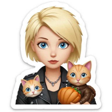 A blonde punk rocker woman with blue eyes with a thanksgiving turkey cat sticker